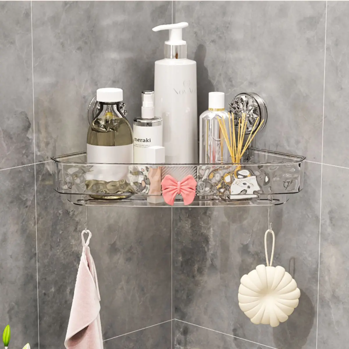 Repisa Esquinera Para Baño. Estante Flotante De Esquina Transparente Con Ventosas. Organizador De Ducha. 31.5X25x5.5Cm. 1