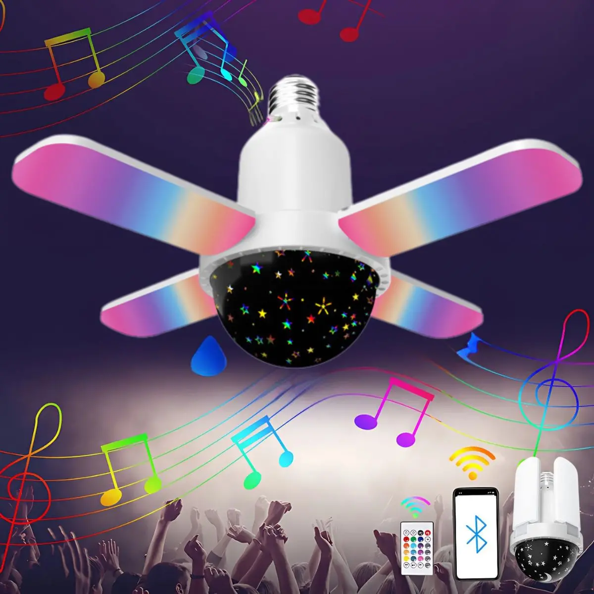 Foco Bombillo Led Con Bocina Integrada Bluetooth. Lámpara Musical Rgb Con Proyector Estrellado Y Control Remoto. Tipo Discoteca Cielo Estrellado De Colores 1