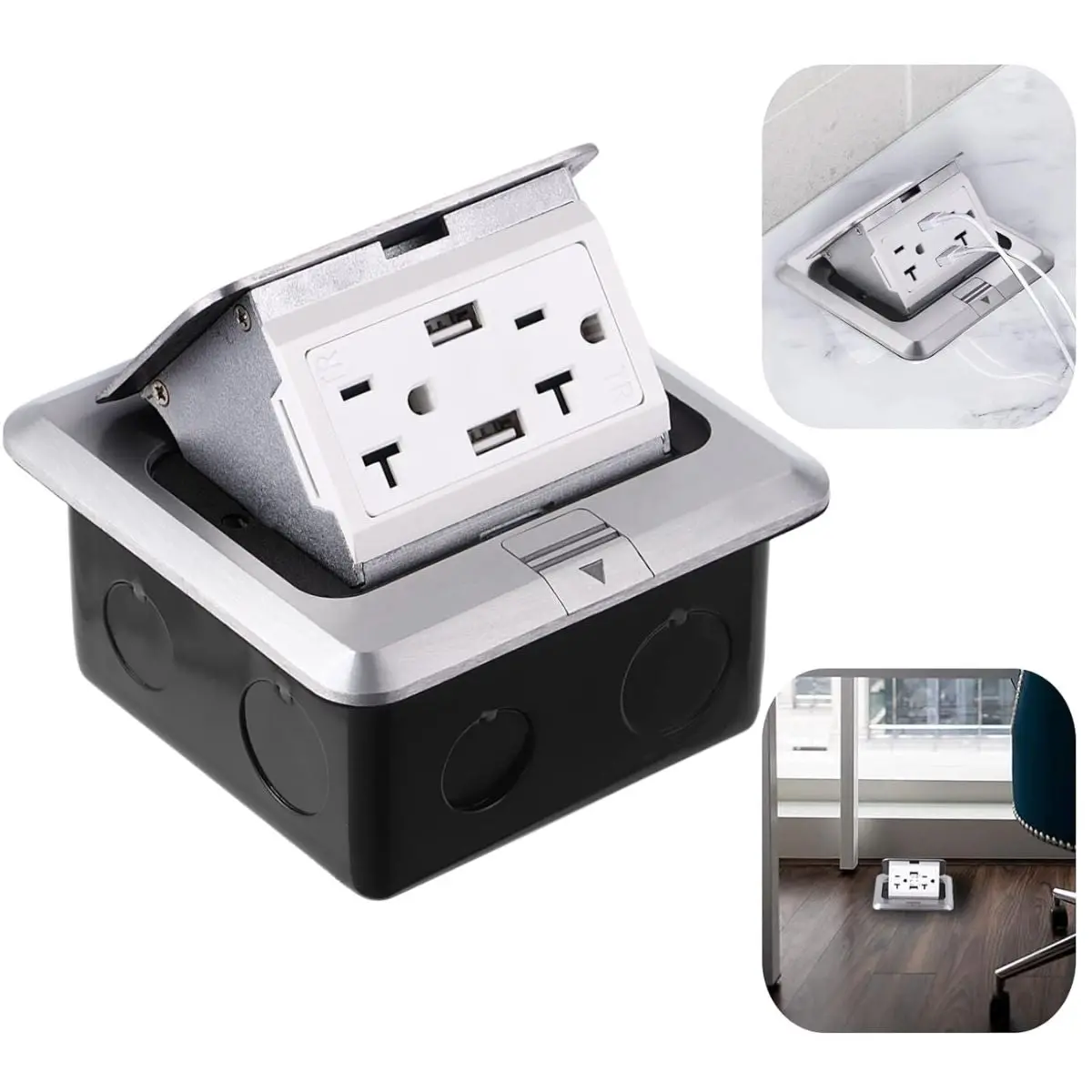 Caja De Enchufe Tomacorriente De Piso Empotrable Con Diseño Emergente 20A/125V. 2 Tomas De Corriente Y 2 Puertos Usb. Enchufe De Escritorio. 1