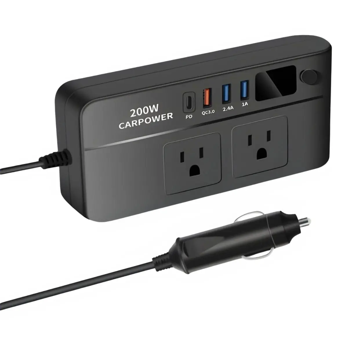 Inversor De Voltaje Corriente Para Auto 200W. Convierte 12V A 110V. Adaptador De Carro Con 2 Tomas Y 4 Puertos Usb. 1