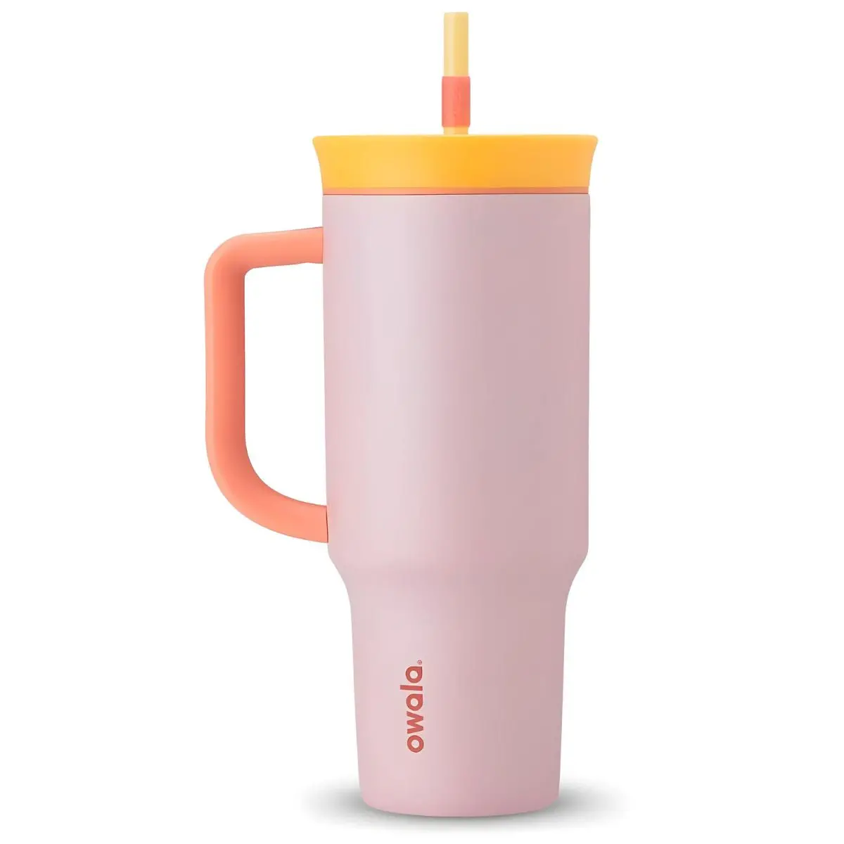 Botella De Agua Termo De 40Oz Con Carrizo. Vaso Térmico De Acero Inoxidable Con Popote. Owala Color Rosado Con Naranja. 1