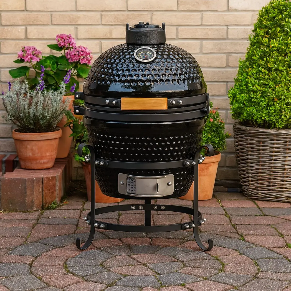 Barbacoa Kamado A Carbón. Parrilla De Cerámica Portátil 13 Pulgadas: Asador, Horno Y Ahumador. Bbq Con Termómetro Integrado. Color Negro 1