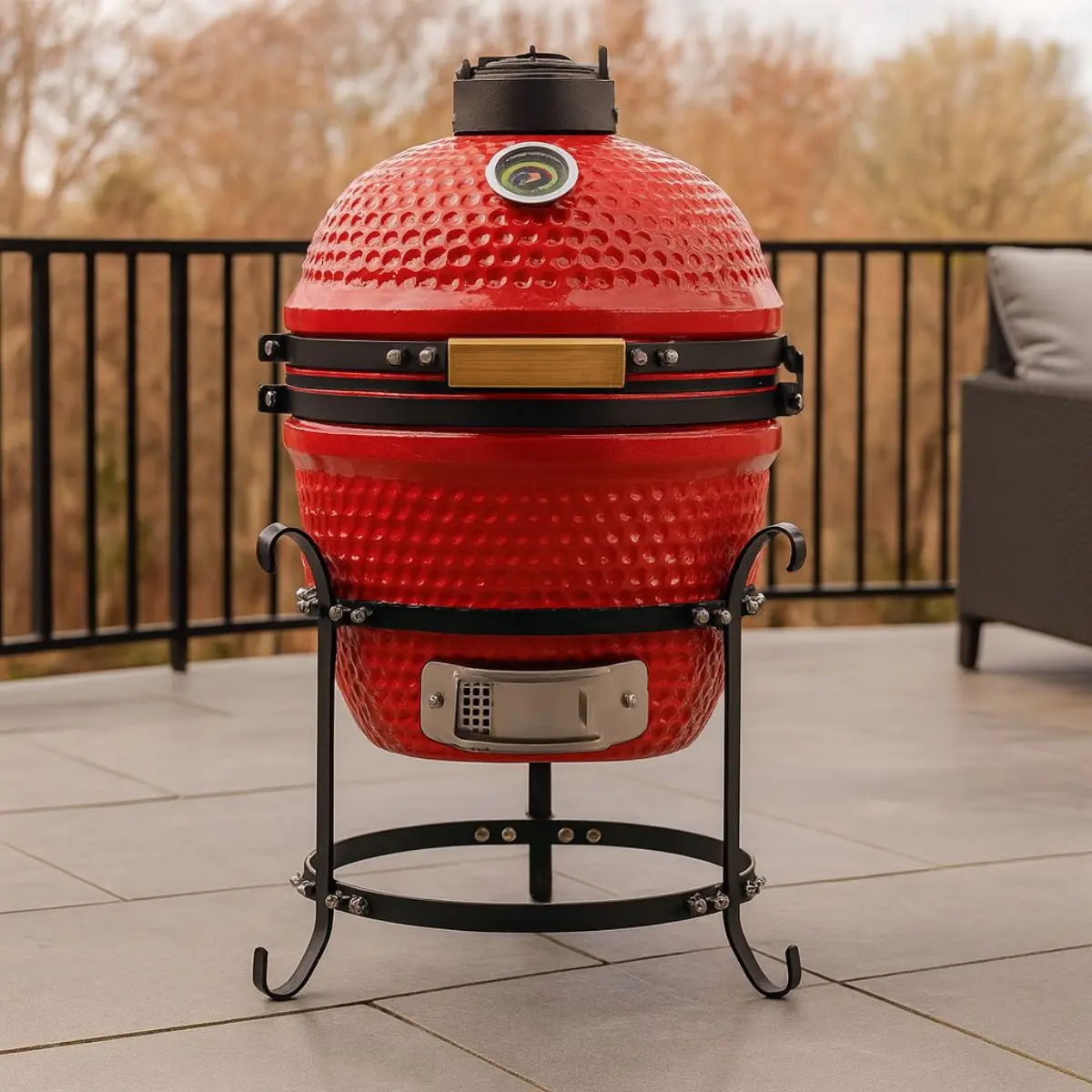 Barbacoa Kamado A Carbón . Parrilla De Cerámica Portátil 13 Pulgadas: Asador, Horno Y Ahumador. Bbq Color Rojo. 1