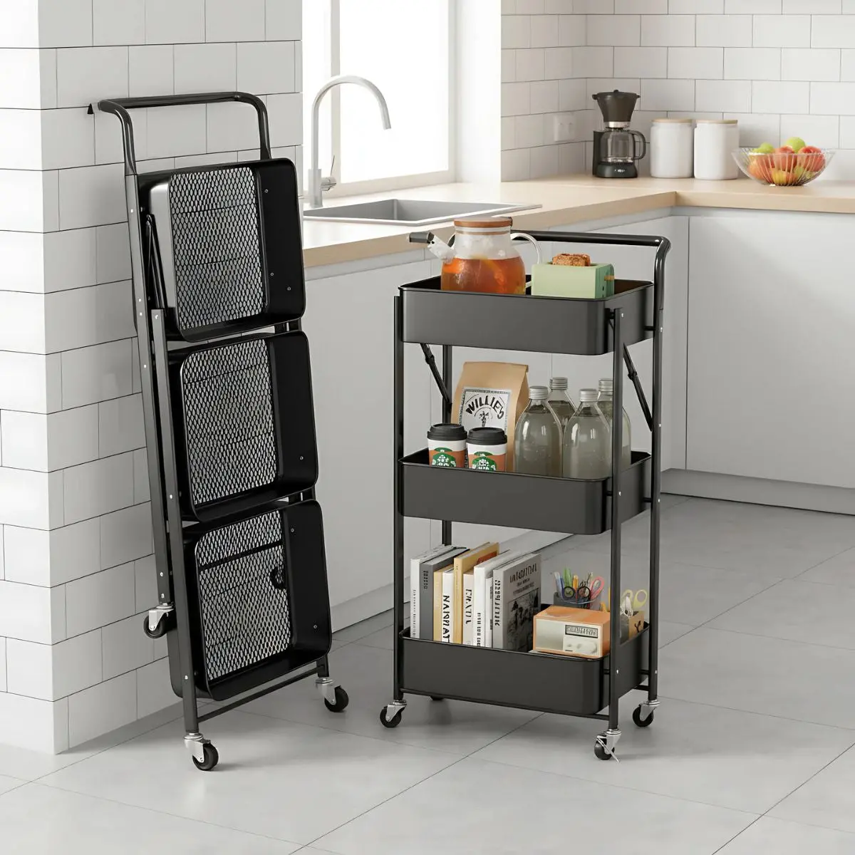 Carrito Organizador De 3 Niveles Con Ruedas. Estantería Plegable De Almacenamiento. Estante Organizador. Color Negro. 1