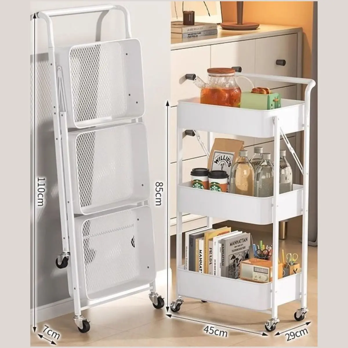 Carrito Organizador De 3 Niveles Con Ruedas. Estantería Plegable De Almacenamiento. Estante Organizador. Color Blanco. 1