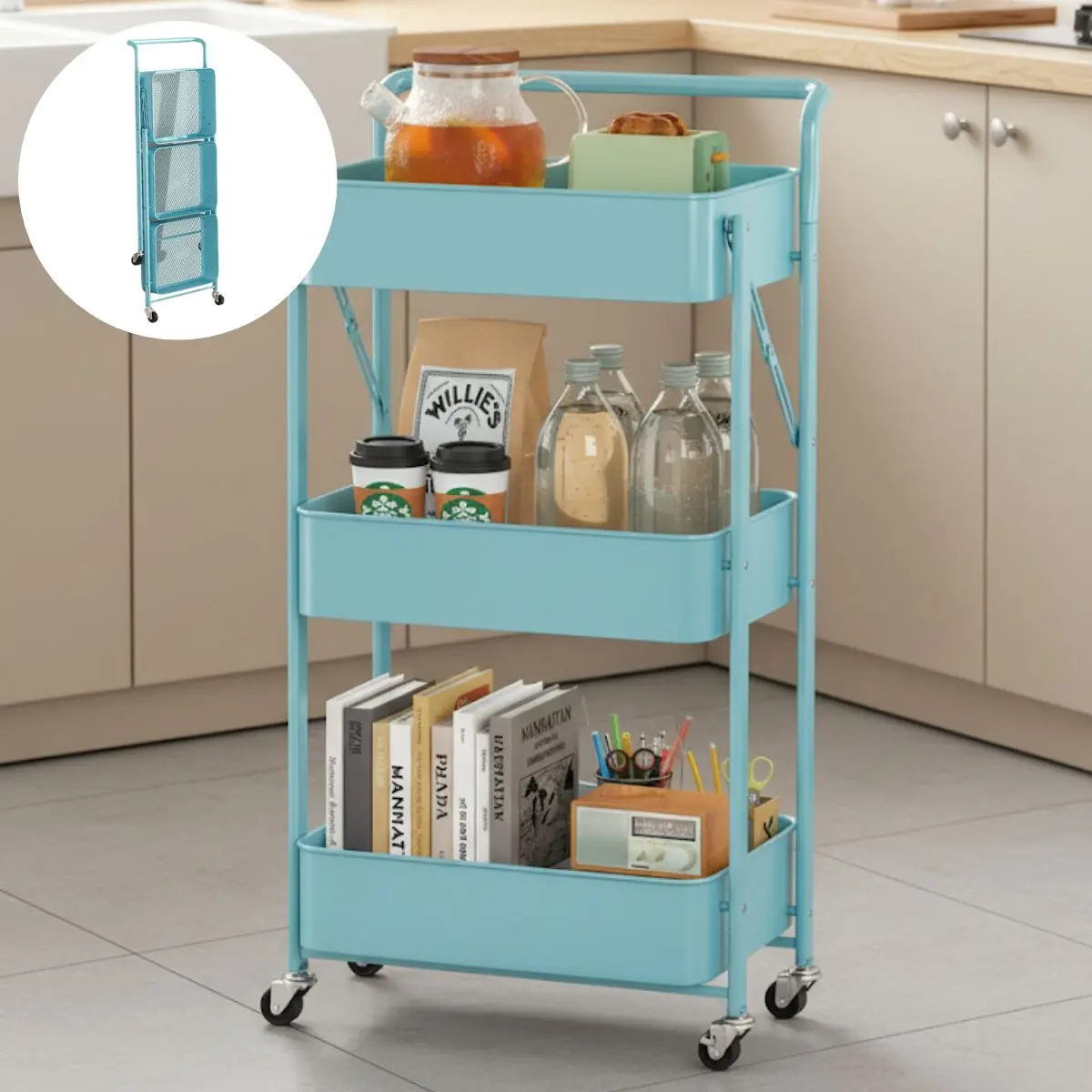 Carrito Organizador De 3 Niveles Con Ruedas. Estantería Plegable De Almacenamiento. Estante Organizador. Color Celeste. 2