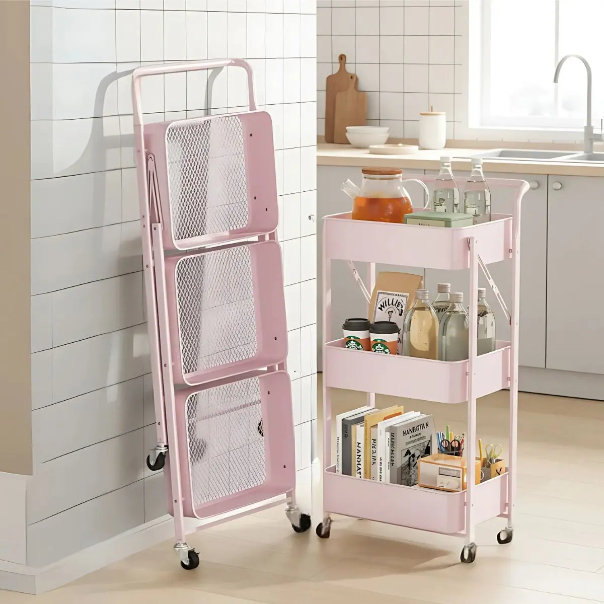 Carrito Organizador De 3 Niveles Con Ruedas. Estantería Plegable De Almacenamiento. Estante Organizador. Color Rosado. 1