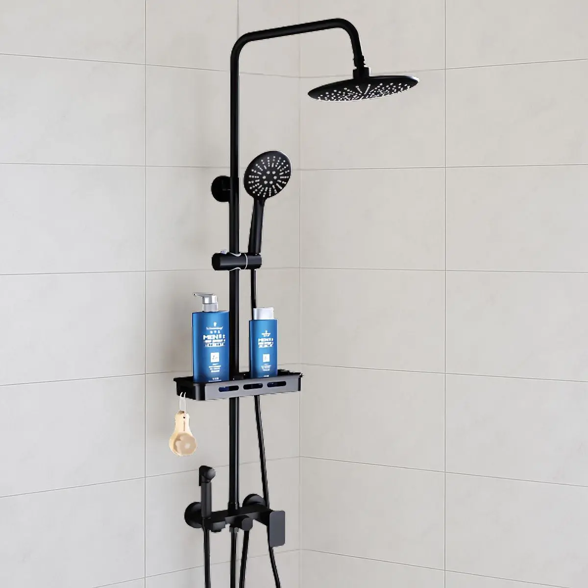 Ducha Tipo Lluvia. Set De Regadera Con Ducha De Mano, Bidet Y Estante Ajustable. Color Negro Mate. 1