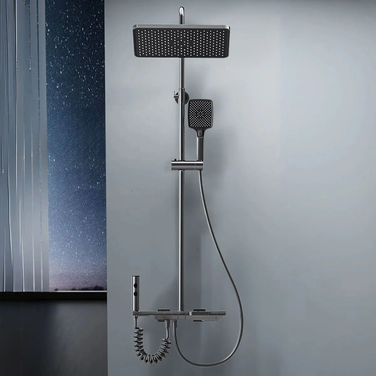 Ducha De Baño Moderna. Sistema De Regadera Con Rociador Tipo Lluvia Y Ducha De Mano Multifunción. Gris Metalizado 1