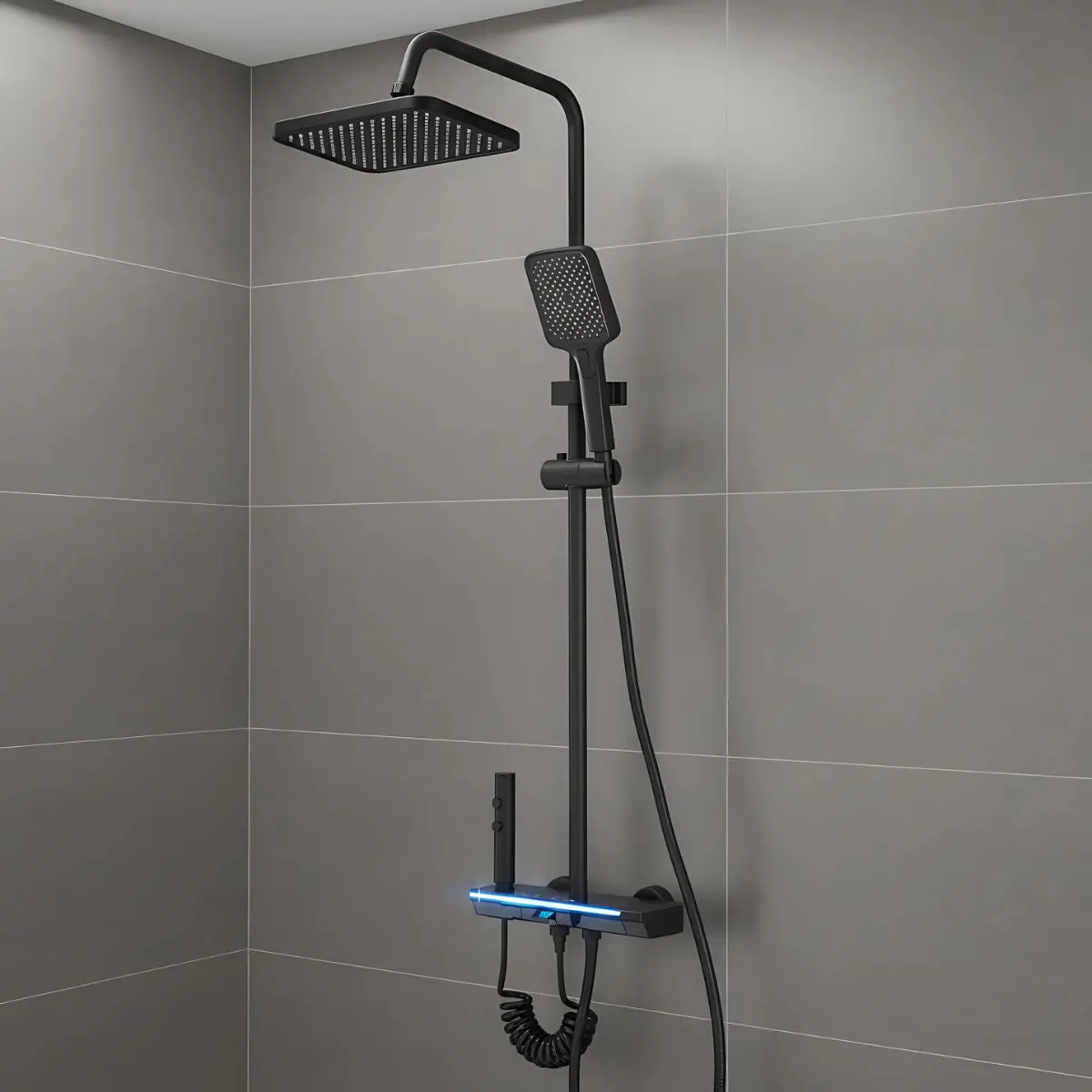 Ducha De Pared Con Rociador Superior Tipo Lluvia. Ducha De Mano De 3 Modos Con Barra Ajustable. Temperatura Constante , Alta Calidad Color Negro 1