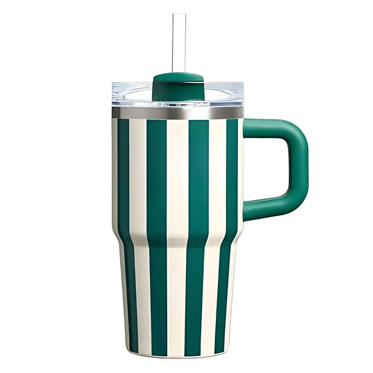 Botella De Agua Termo De 20 Oz Con Carrizo. Vaso Térmico De Acero Inoxidable Con Popote. Color Verde Con Rayas. 1