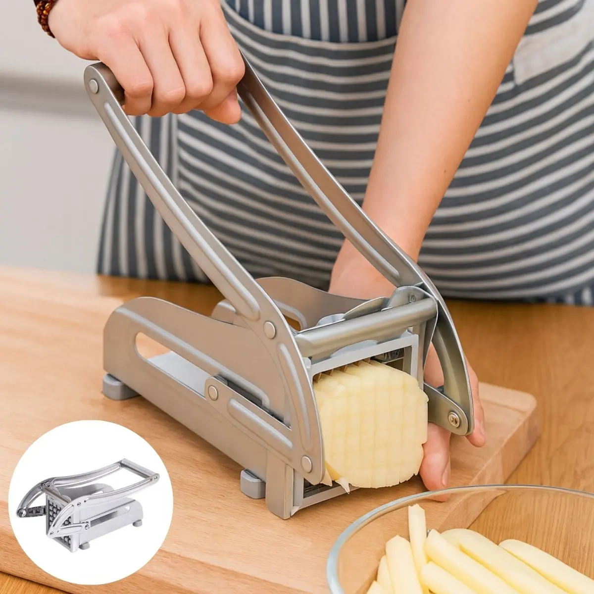 Cortador De Papas. Picadora Rebanadora De Frutas Y Vegetales Manual De Acero Inoxidable. Incluye 3 Cuchillas Intercambiables. 1