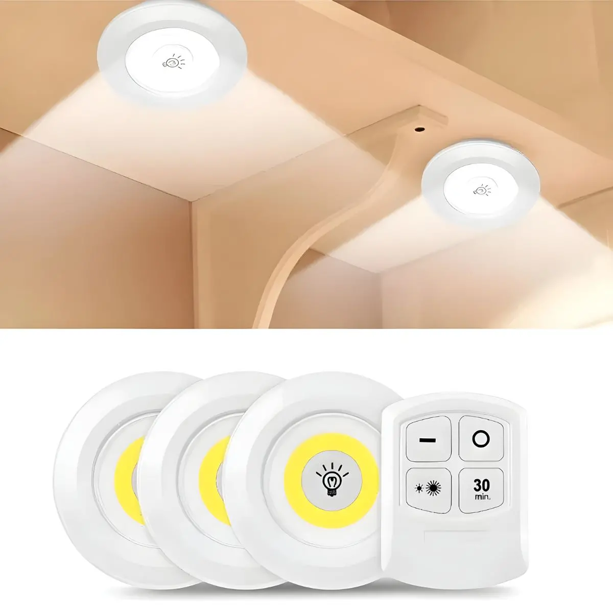 Luz Adhesiva Con Control Remoto (Set De 3 Piezas). Iluminación Blanca Cob Regulable Con Temporizador. 1