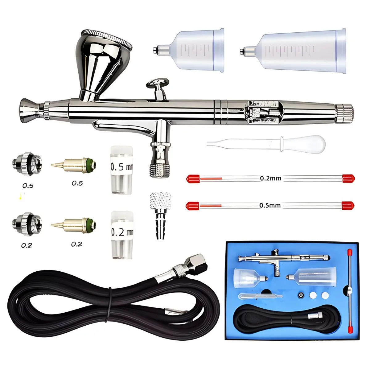 Aerógrafo Profesional Cromado Con 3 Boquillas 0.2, 0.3 Y 0.5Mm Y Vasos Intercambiables Para Pintura 1