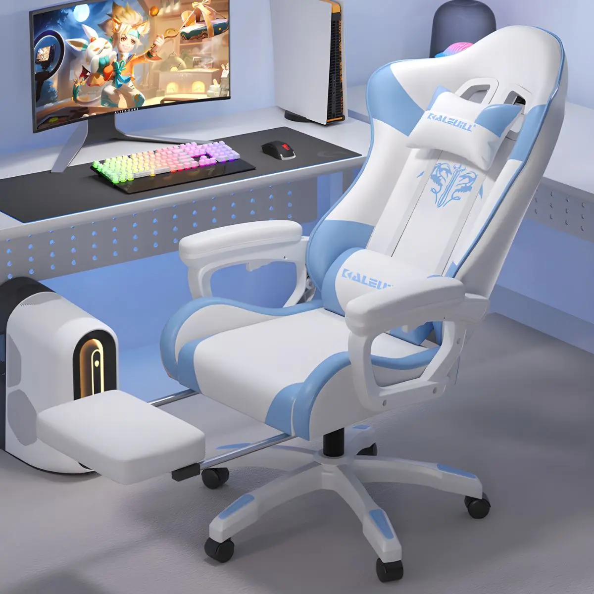 Silla Gamer Ergonómica Azul Y Blanca. Silla De Oficina Reclinable Con Reposapiés Extensible. 1