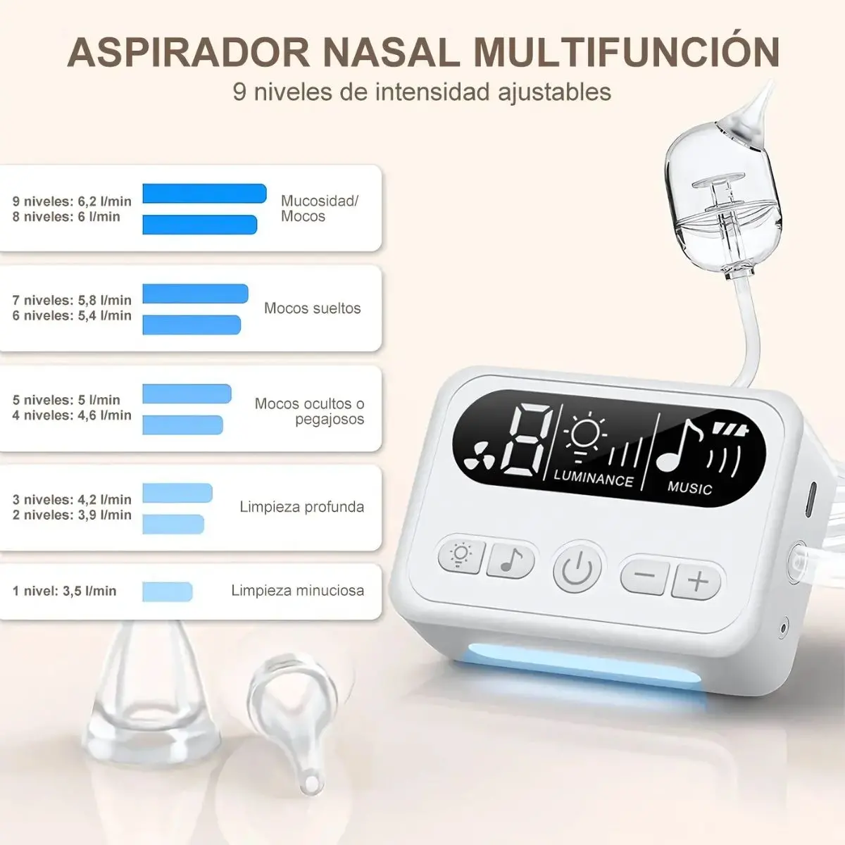Aspirador Nasal Eléctrico Para Bebés Y Niños. Succiona Mocos Con Luz Nocturna Y Música (9 Niveles De Intensidad). De Bateria Recargable Con Usb C 2