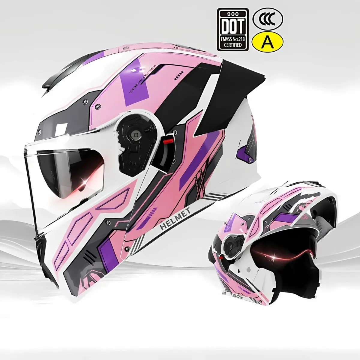 Casco Modular Para Motocicletas. Color Blanco Y Rosado Con Visor Transparente, Certificación Dot/3C.Talla Universal. Unisex. 1