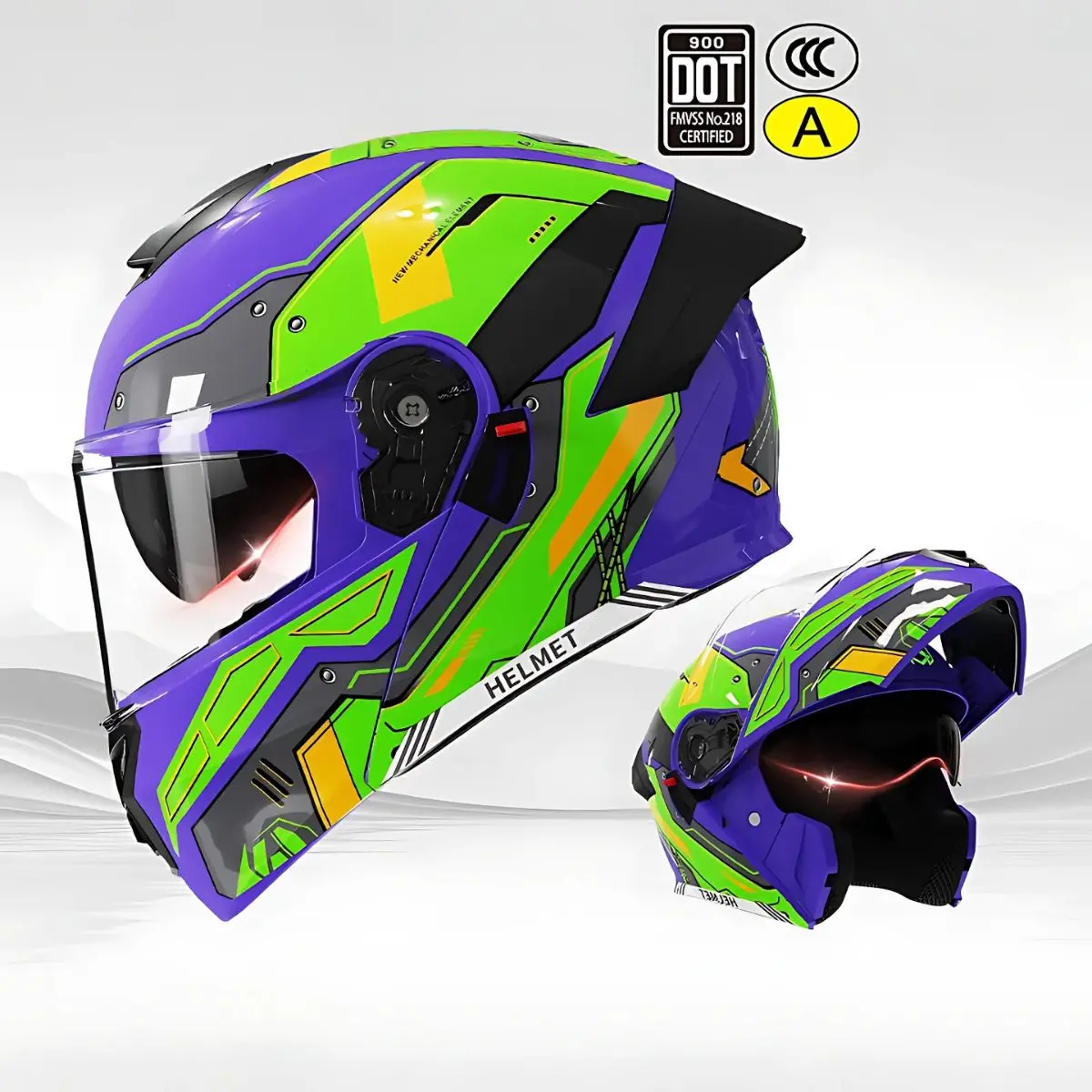 Casco Modular Para Motocicletas. Color Morado Y Verde Con Visor Transparente, Certificación Dot/3C. Talla Universal. Unisex. 1