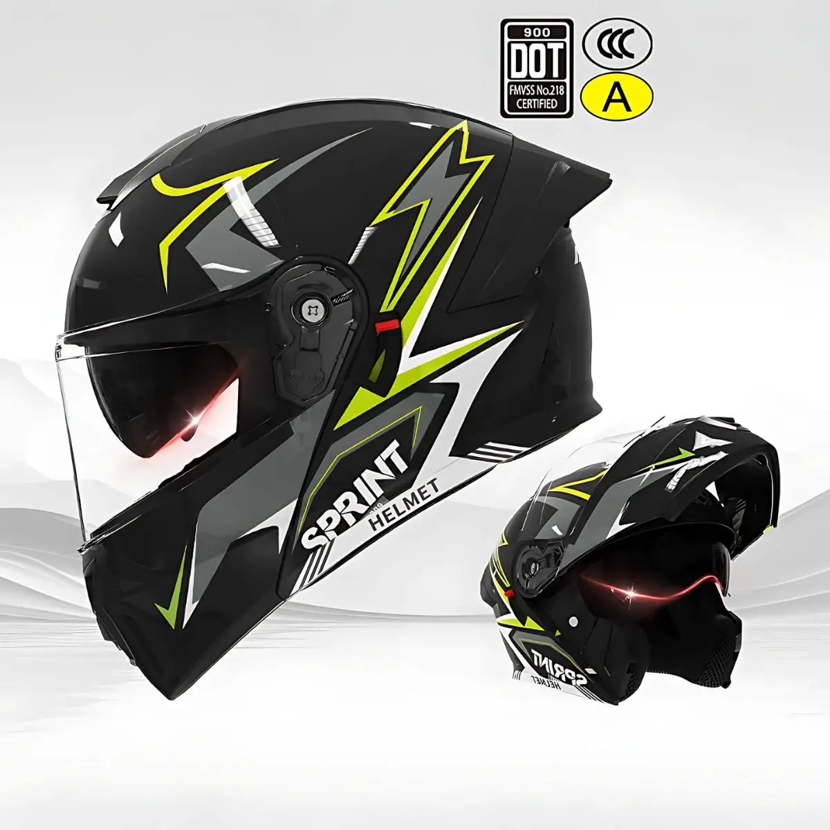 Casco Modular Para Motocicletas. Color Negro Y Verde Fosforescente Con Visor Transparente, Certificación Dot/3C. Talla Universal. Unisex. 1