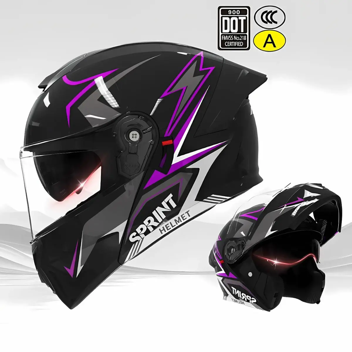 Casco Modular Para Motocicletas. Color Negro Y Morado Con Visor Transparente, Certificación Dot/3C.Talla Universal. Unisex. 1