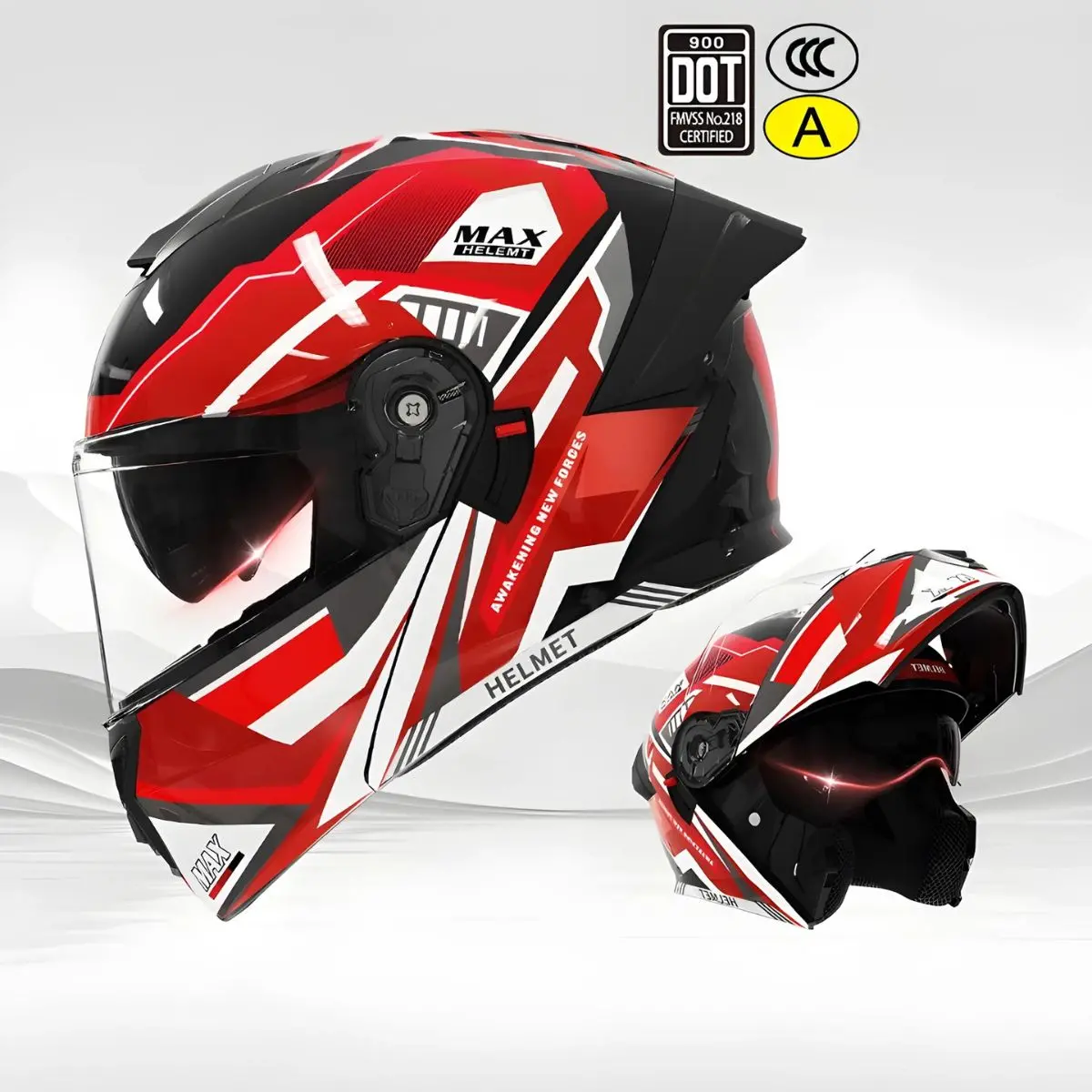 Casco Modular Para Motocicletas. Color Rojo Y Blanco Con Visor Transparente, Certificación Dot/3C.Talla Universal. Unisex. 1