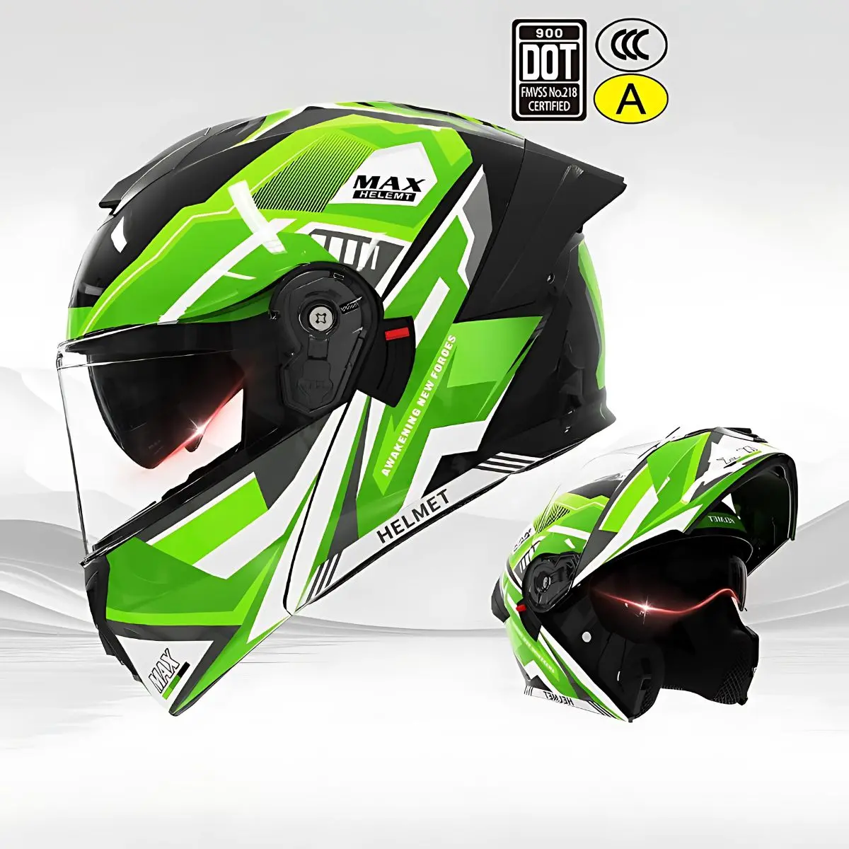 Casco Modular Para Motocicletas. Color Verde Con Visor Transparente, Certificación Dot/3C. Talla Universal. Unisex. 1