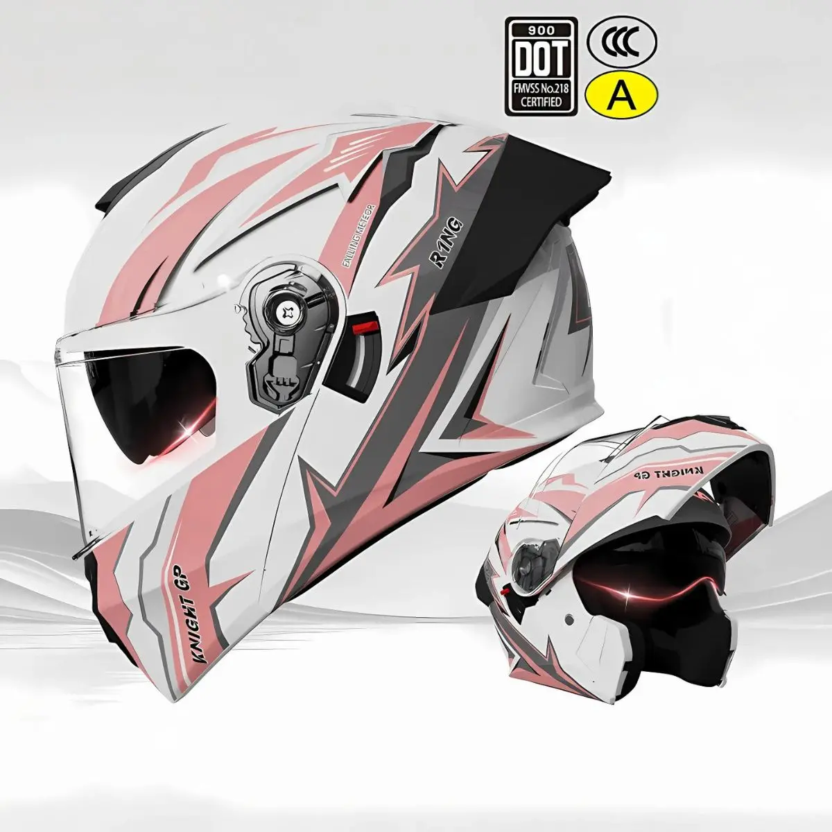 Casco Modular Para Motocicletas. Color Blanco Y Rosado Con Visor Transparente, Certificación Dot/3C. Talla Universal. Unisex. 1