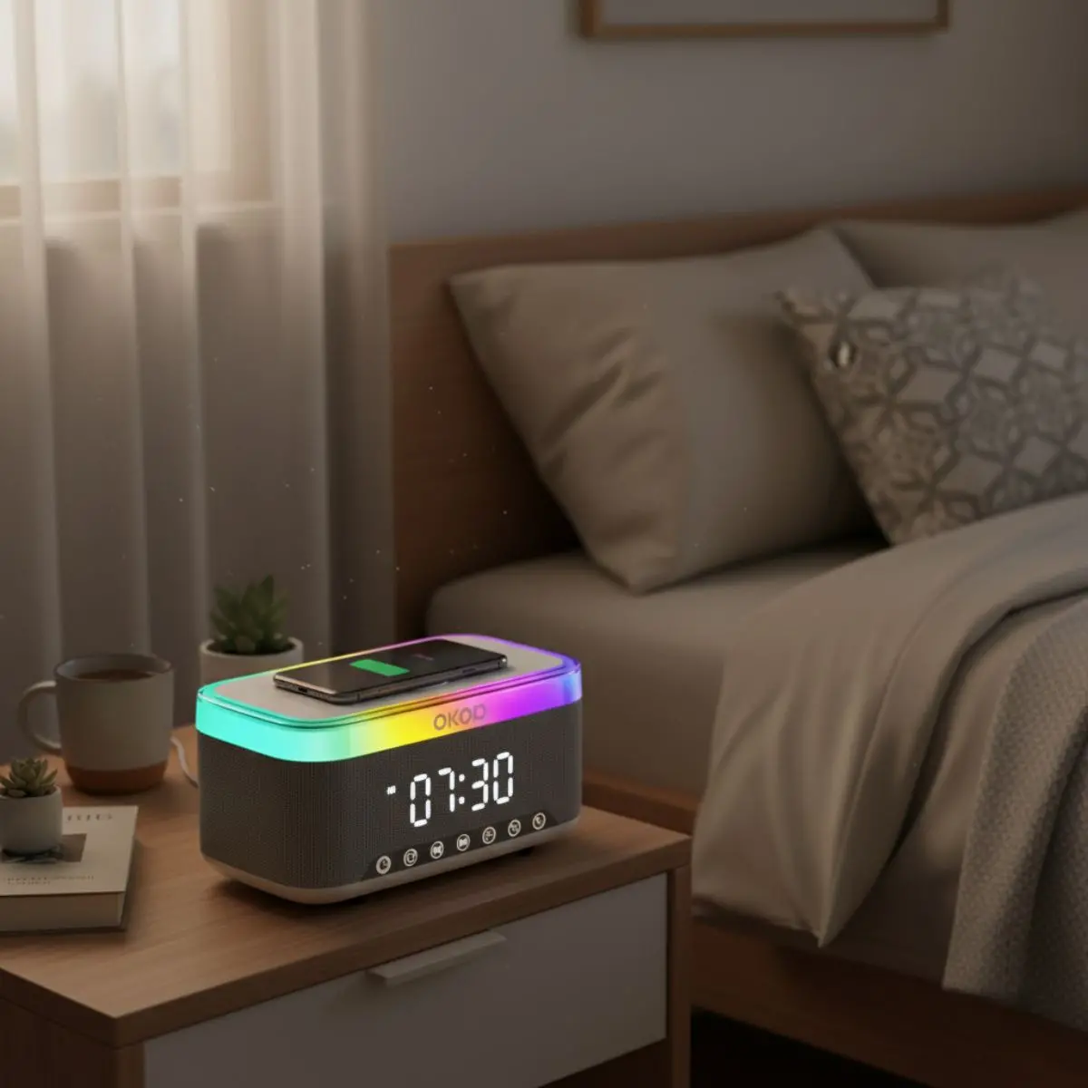 Reloj Despertador Digital Con Bocina Bluetooth. Cargador Inalámbrico Para Celulares. Radio Fm Y Temporizador. Lampara De Noche 2