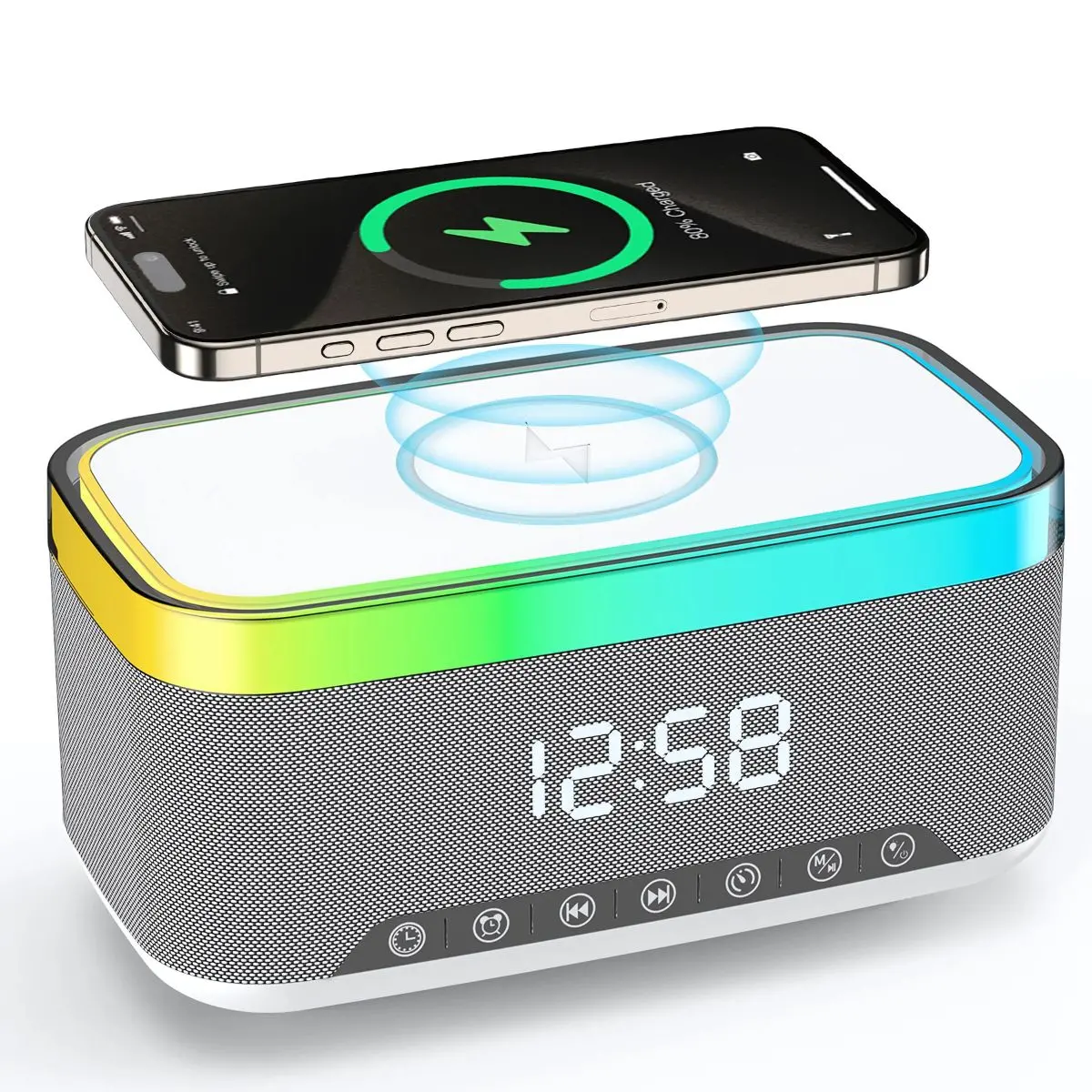 Reloj Despertador Digital Con Bocina Bluetooth. Cargador Inalámbrico Para Celulares. Radio Fm Y Temporizador. Lampara De Noche 1