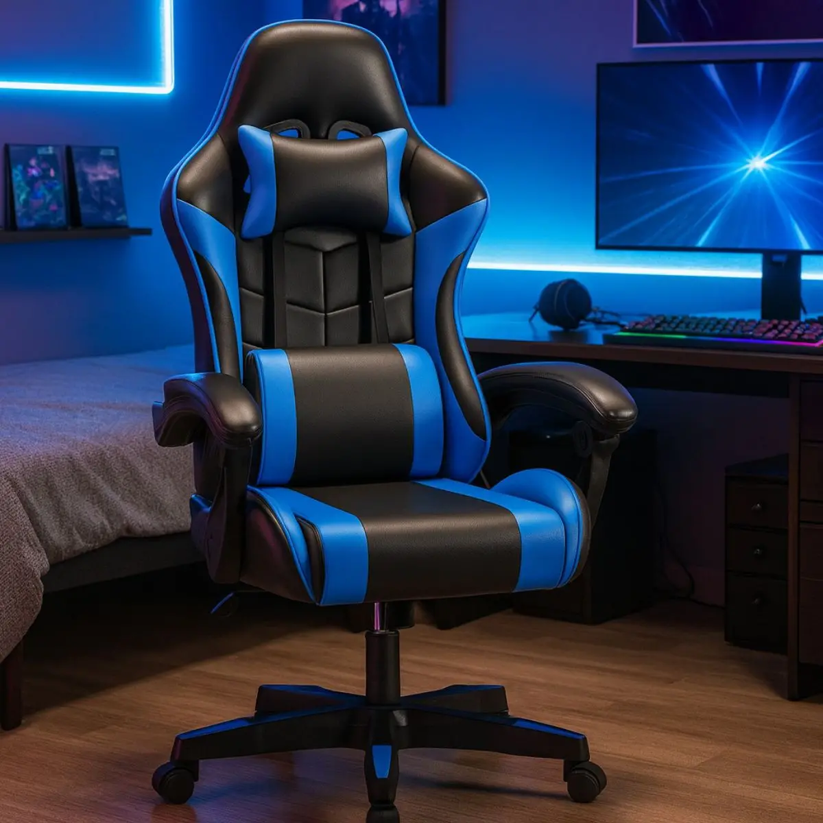 Silla Gamer Ergonómica Negra Con Azul. Silla De Oficina Y Escritorio Con Soporte Lumbar. Respaldar Reclinable Ajustable. 1