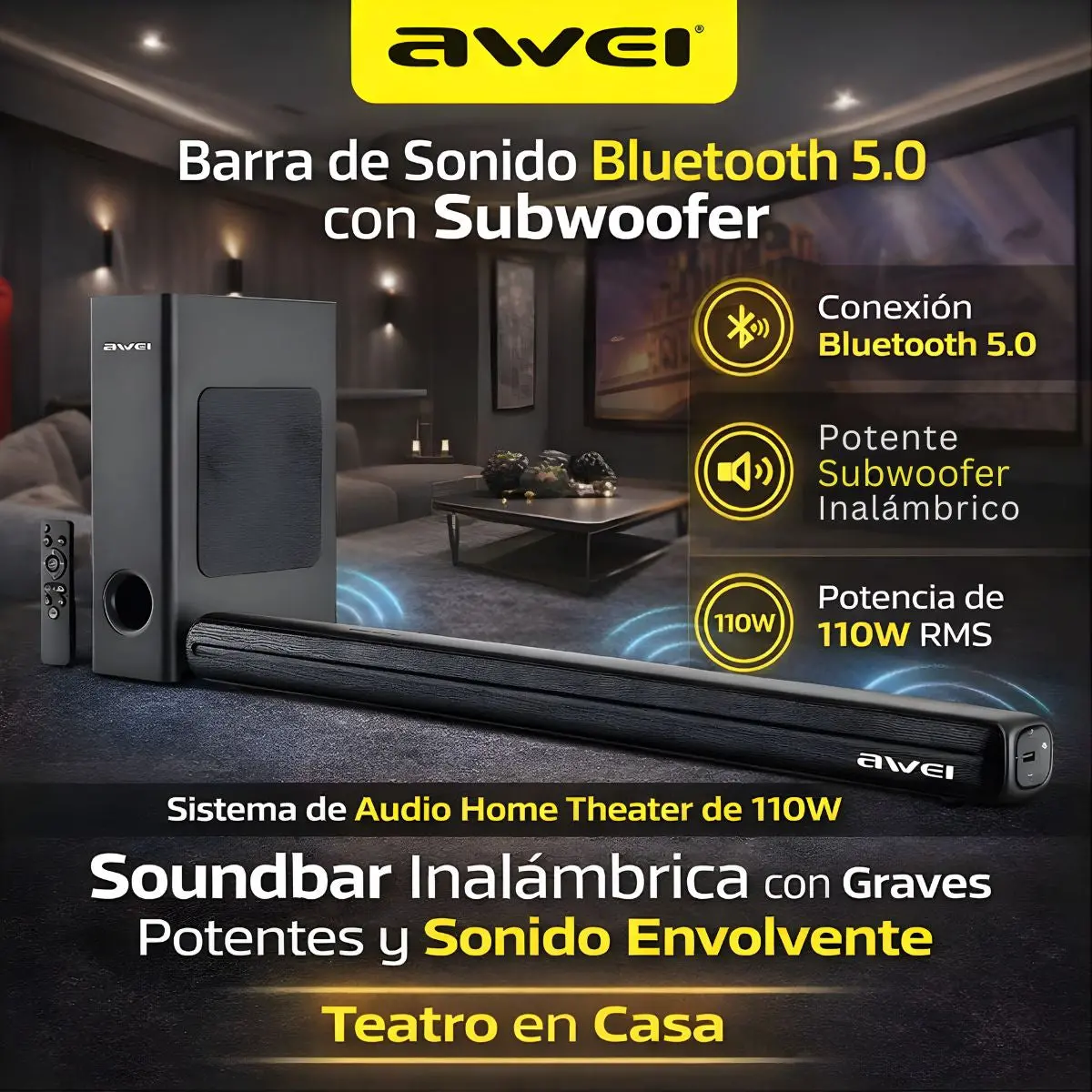 Barra De Sonido Bluetooth 5.0 Con Subwoofer. Sistema De Audio Home Theater De 110W. Soundbar Inalámbrica Con Graves Potentes Y Sonido Envolvente. Teatro En Casa. 1