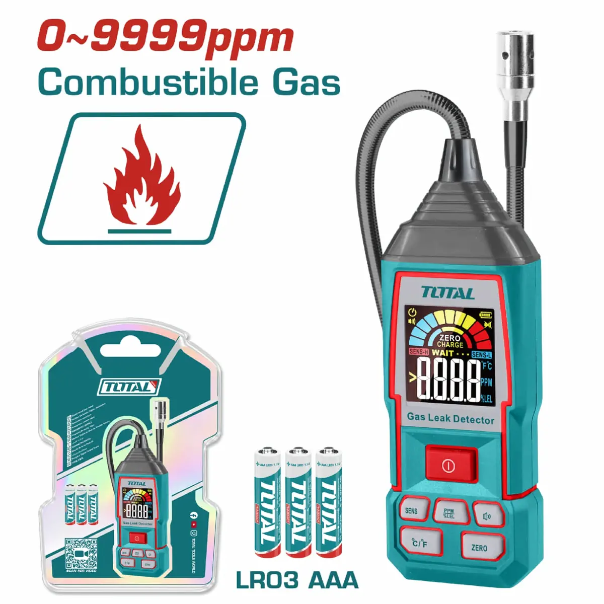 Detector Digital De Gases, Rango 0~9999 Ppm Pantalla Lcd, Probeta Flexible De 450Mm. 1