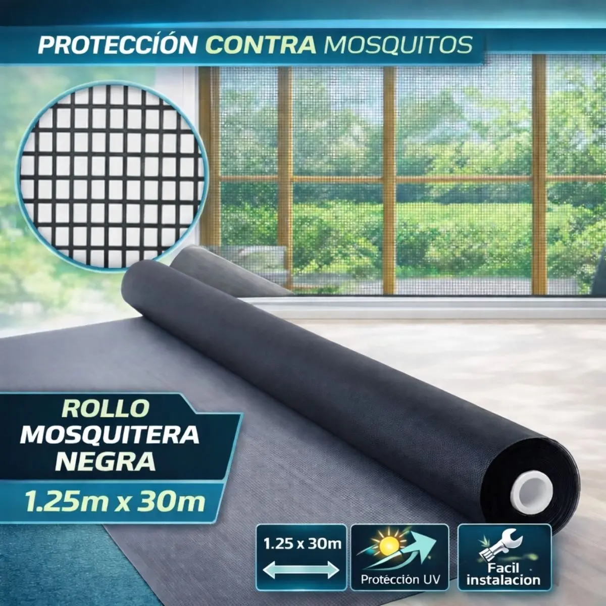 Rollo Mosquitera Negra 1.25X30m Malla 18X18 Anti-Uv Pp+Pe Resistente Para Ventanas Y Puertas 1