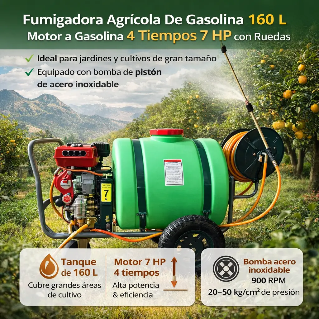 Fumigadora Agrícola De Gasolina 160 L Con Ruedas. Bomba De Fumigación Para Cultivos. Pulverizador De Motor Motofumigadora 1