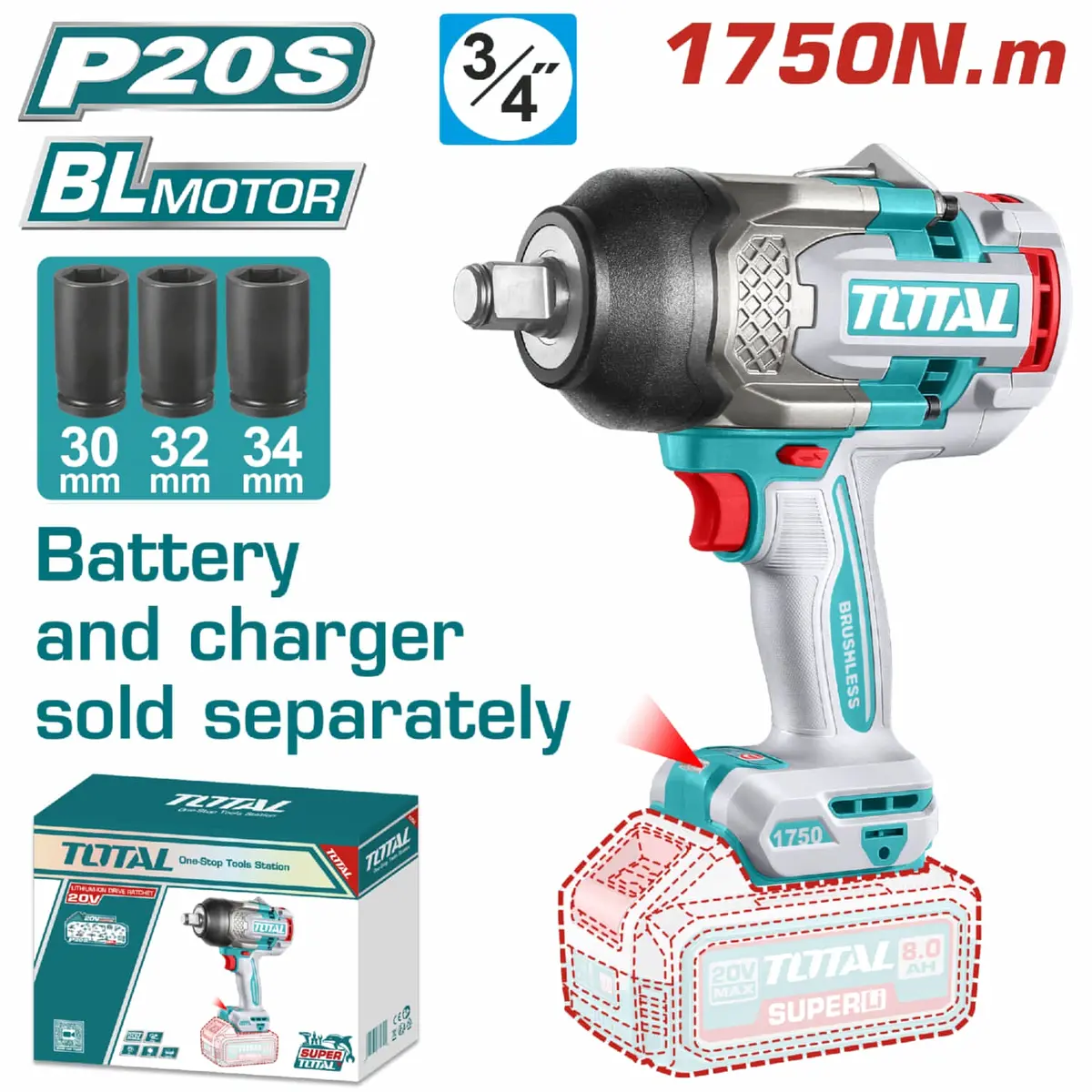 Llave De Impacto Cuadrado 20V 3/4" Motor Sin Escobillas. 1750Nm Batería Y Cargador Por Separado. Super Total 1