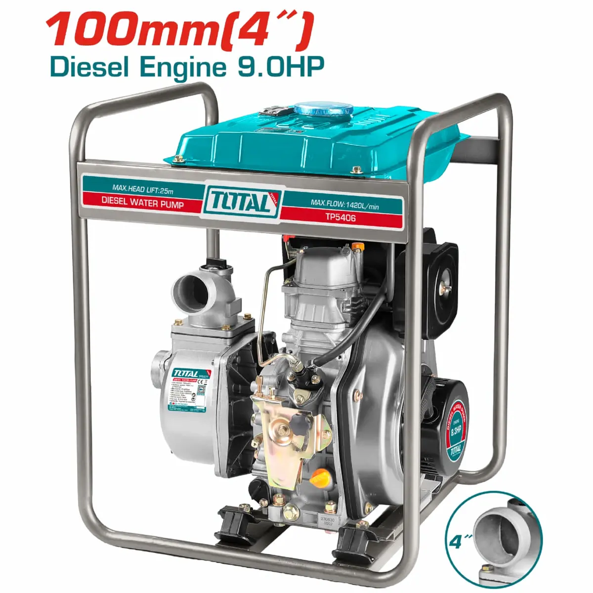 Bomba De Agua Diesel De 4" 1420L/Min Max 25Mts 8.3Hp . Encendido De Cuerda Tanque 12.5L 1