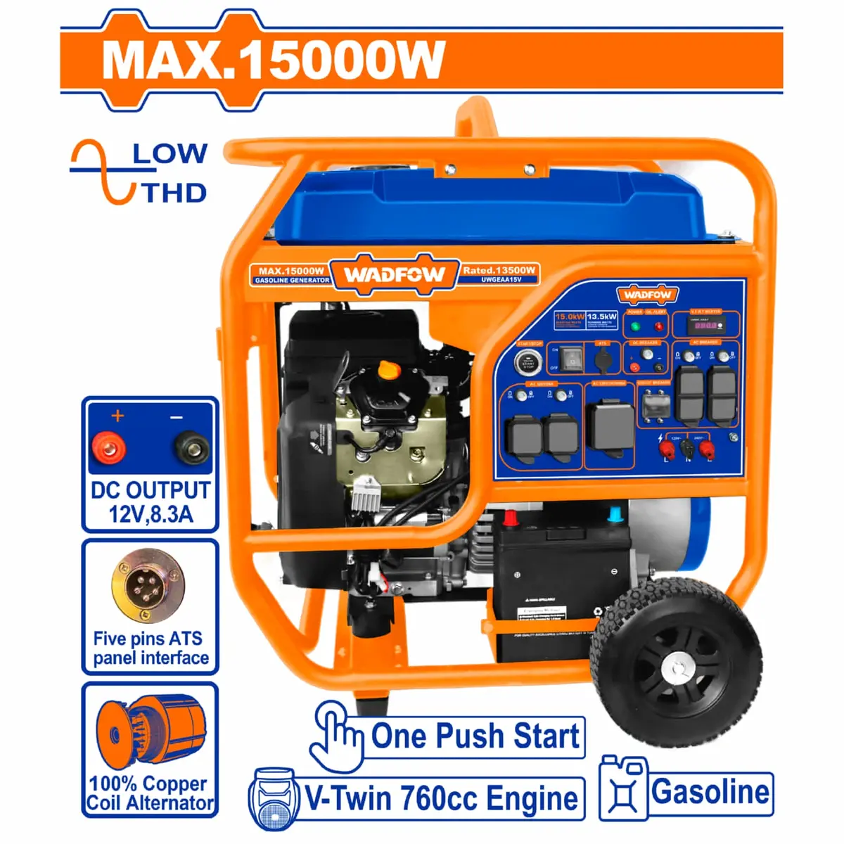 Generador A Gasolina 15,000W 15Kw 110-120V 60Hz 3600Rpm 50L Motor V-Twin Arranque Con Botón. Planta 1
