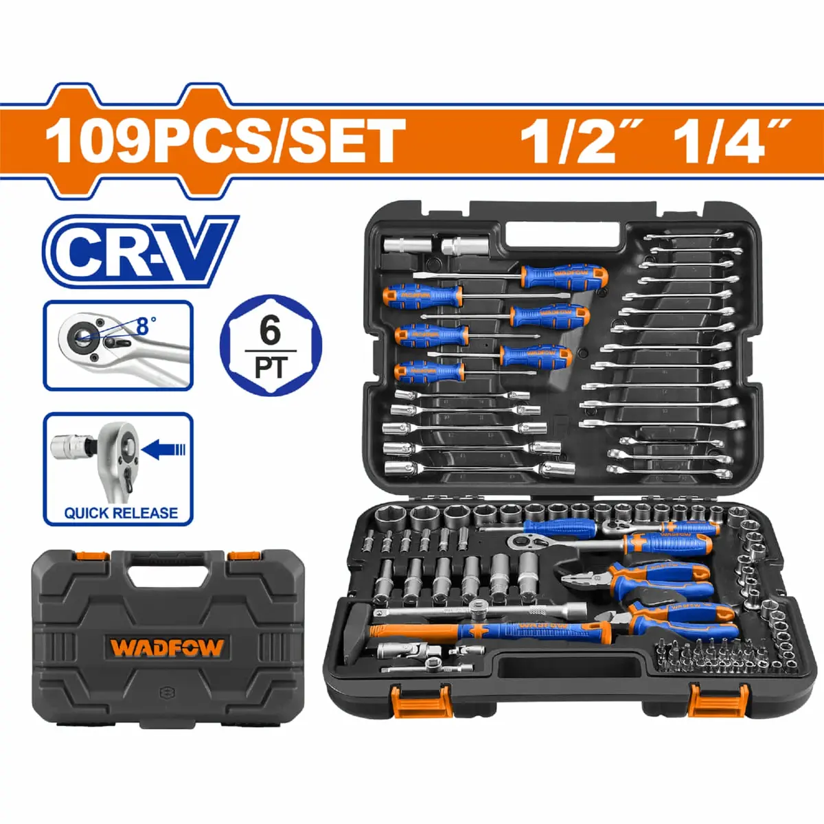 Herramientas Surtidas 109 Piezas Con Ratchet, Dados, Llaves Combinadas. Cr-V, Tratamiento Térmico. Cromado. Se Vende En Juego. Con Maletin 1