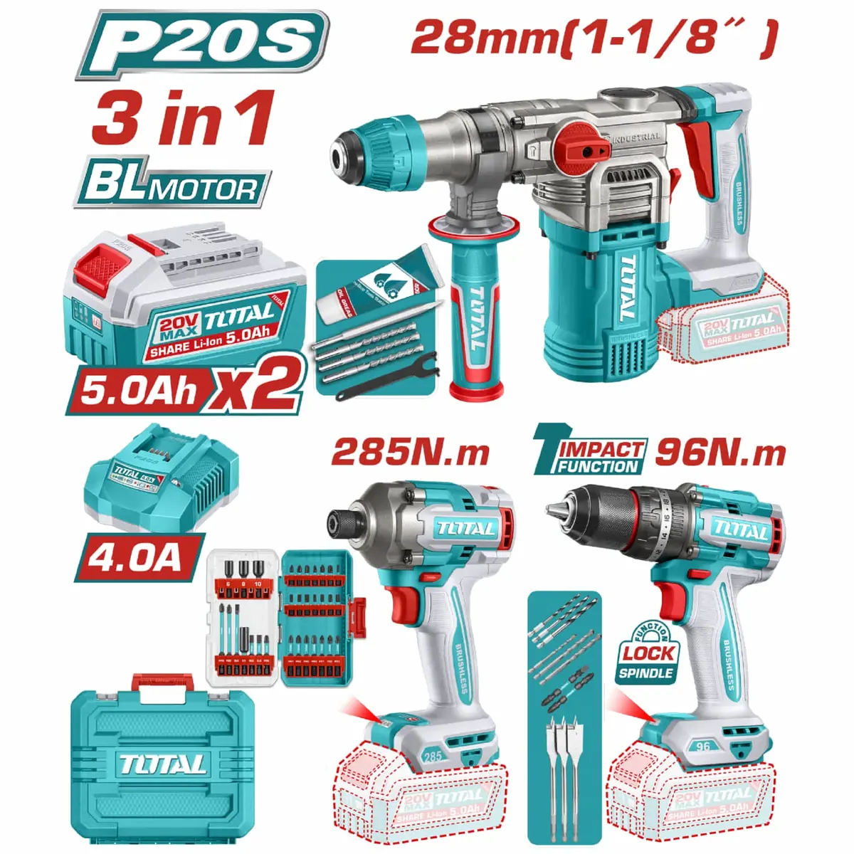Combo Del Mes Total Inalámbrico. Martillo Perforador 4.5 J, Taladro Percutor 96 Nm Atornillador 6.35 Mm Incluye Cargador Y Baterías. Pocas Unidades. 1