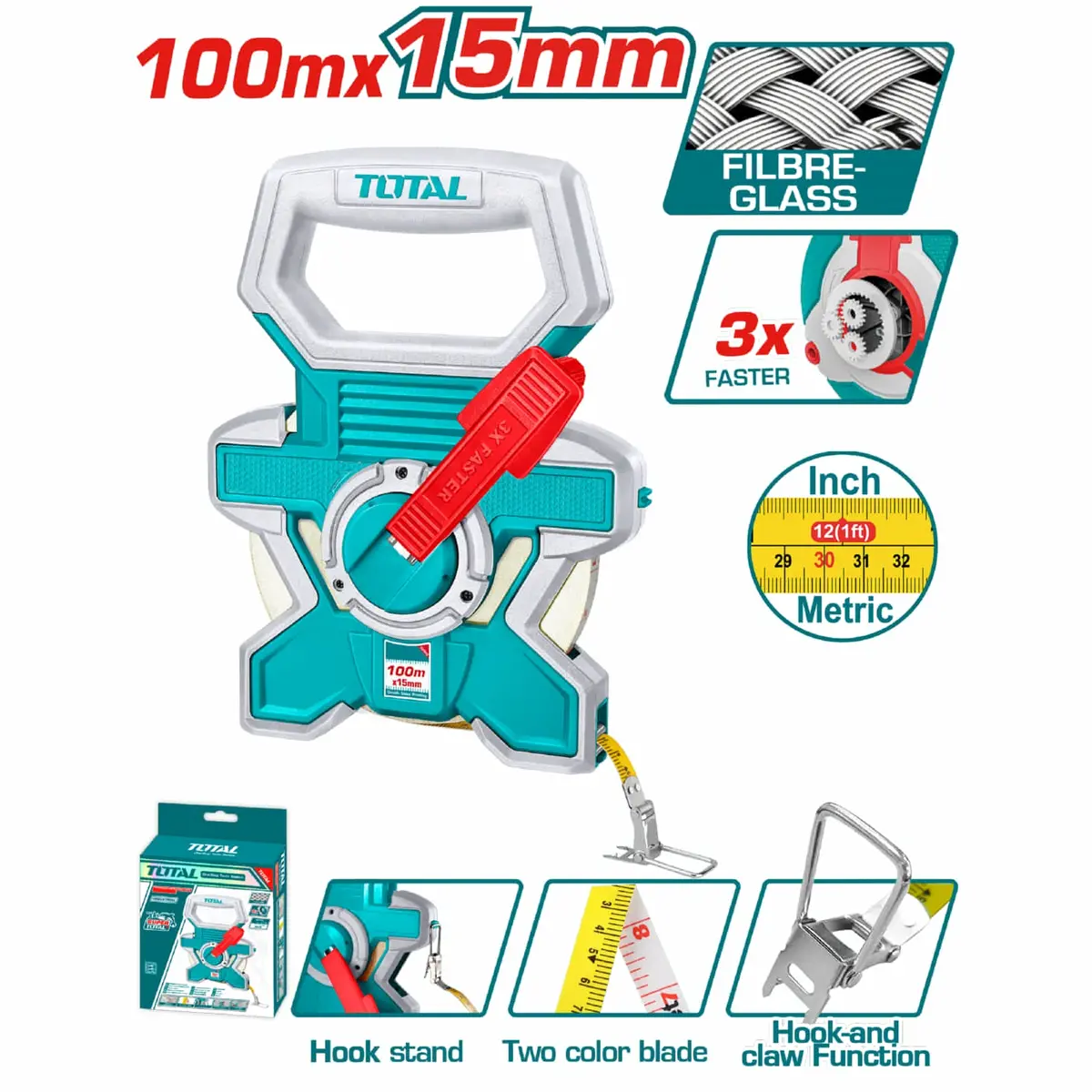 Cinta Métrica De Fibra De Vidrio 100M X 15Mm Con Engranaje 3:1 Y Mango Ergonómico 1