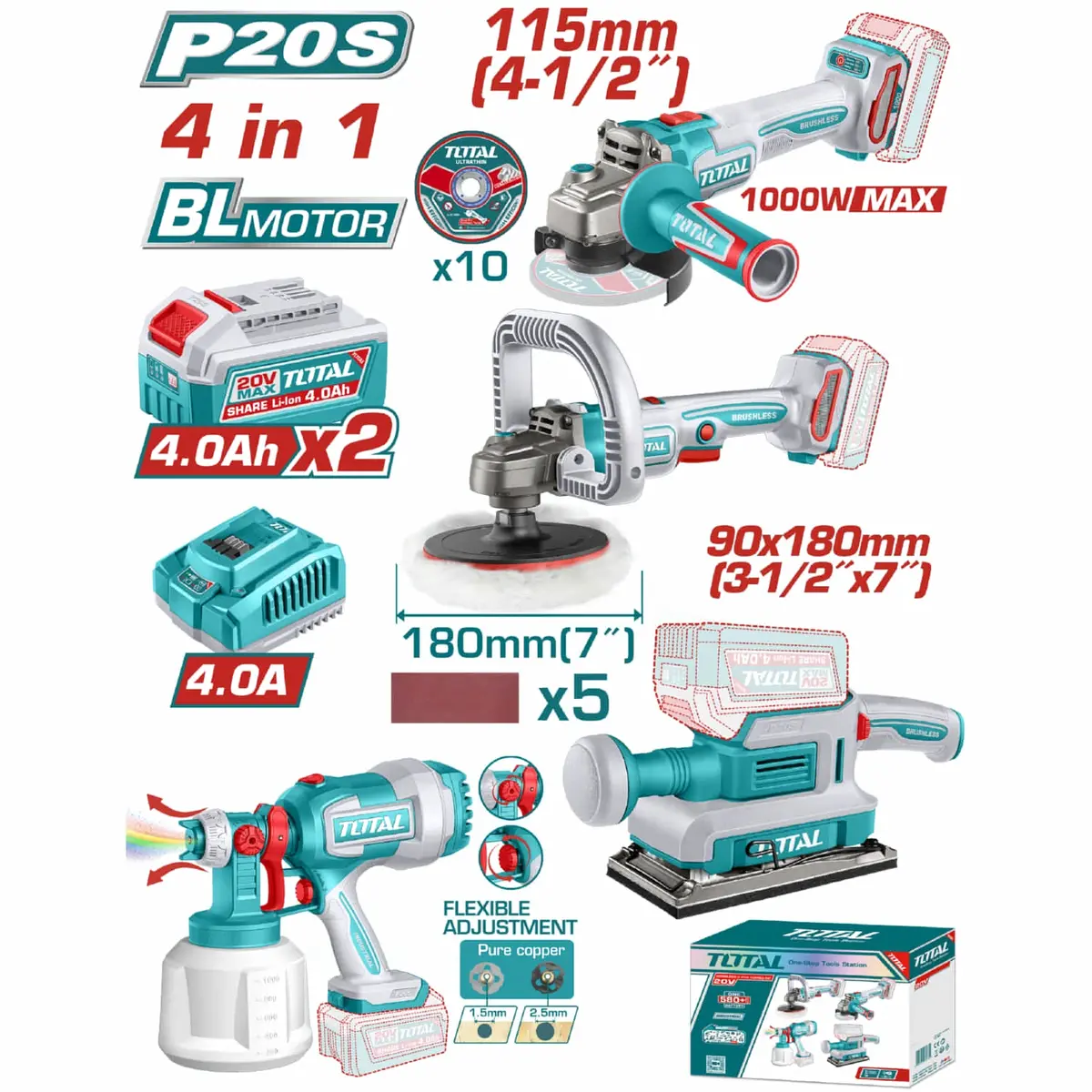 Combo Del Mes Total Inalámbrico. Esmeriladora Angular 1000 W 4-1/2'', Pulidora Inalámbrica 5/8''-11Unc, Lijadora 13000 Rpm Pistola De Pintura 800Ml  Incluye Cargador Y Baterías. Pocas Unidades. 1
