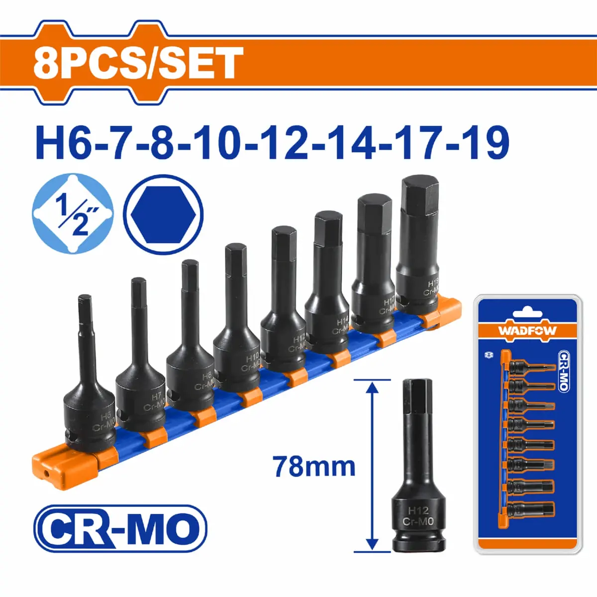 Dados De Impacto Hexagonales ½” Long 78Mm Cr-Mo Térmico. Set 8 Piezas. 1