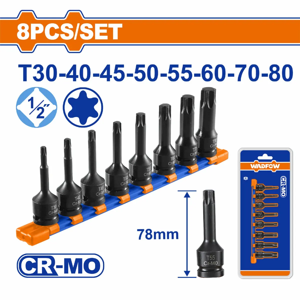 Dados De Impacto Torx ½” Long 78Mm Cr-Mo Térmico. Set 8 Piezas. 1