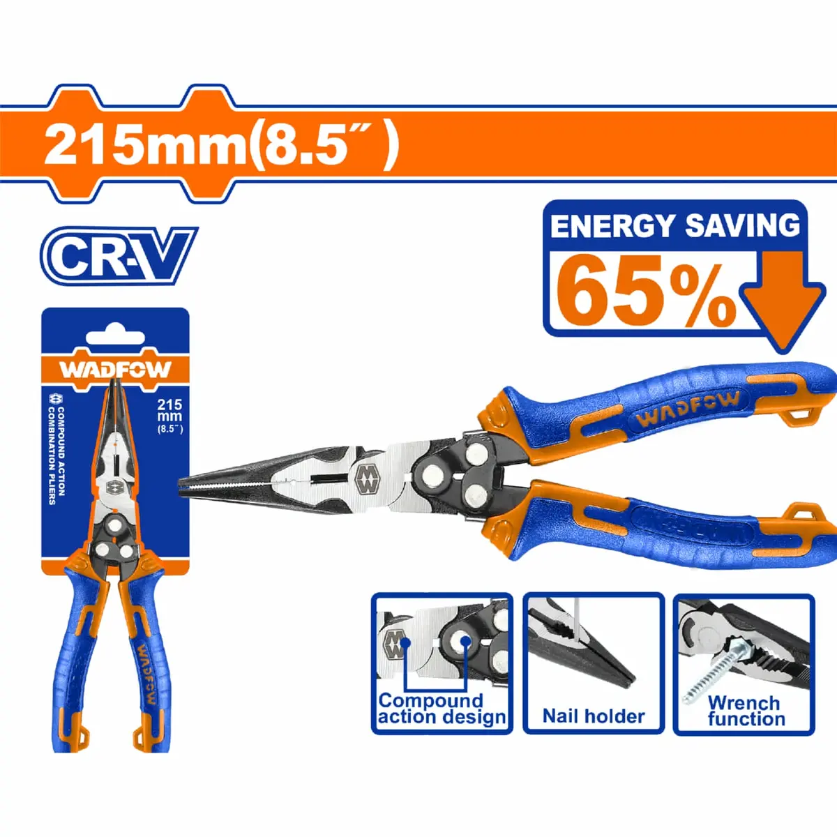 Alicate De Punta Larga De Acción Compuesta 8.5” Cr-V. 65% Ahorro De Energía. Mango Ergonómico. Pinza 1