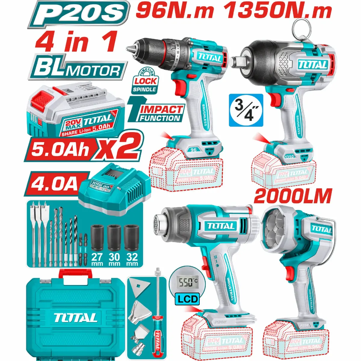 Combo Del Mes Total Inalámbrico. Taladro Percutor 96Nm, Lámpara De Trabajo 22.5W, Pistola De Calor 30-550°C  Llave De Impacto 1350Nm 3/4" Incluye Cargador, Baterías Y Accesorios.Pocas Unidades. 1