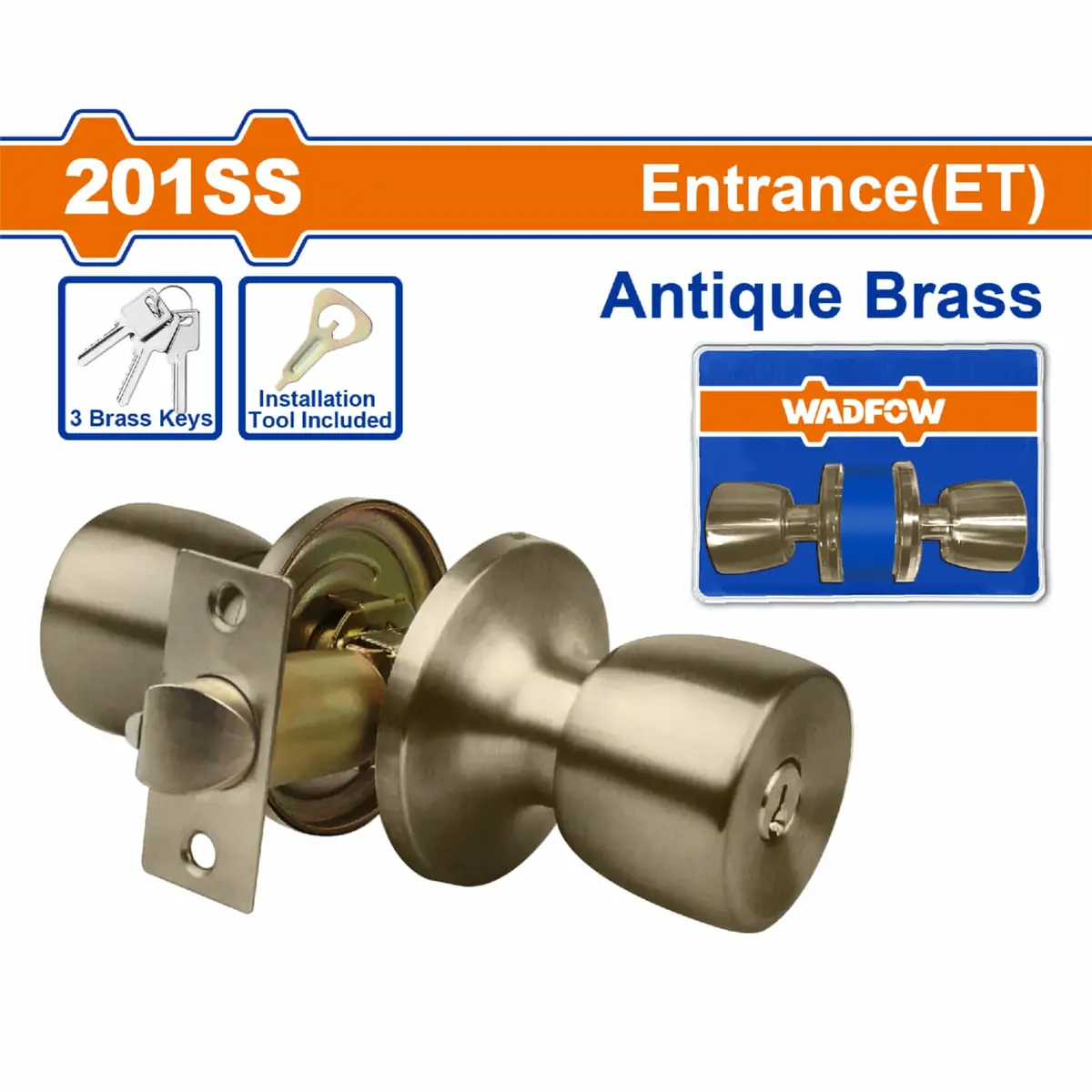 Cerradura Pomo De Puerta Entrada (Et) Llave 65Mm Acero Latón Antiguo. Pomo Tubular. 3 Llaves. 1