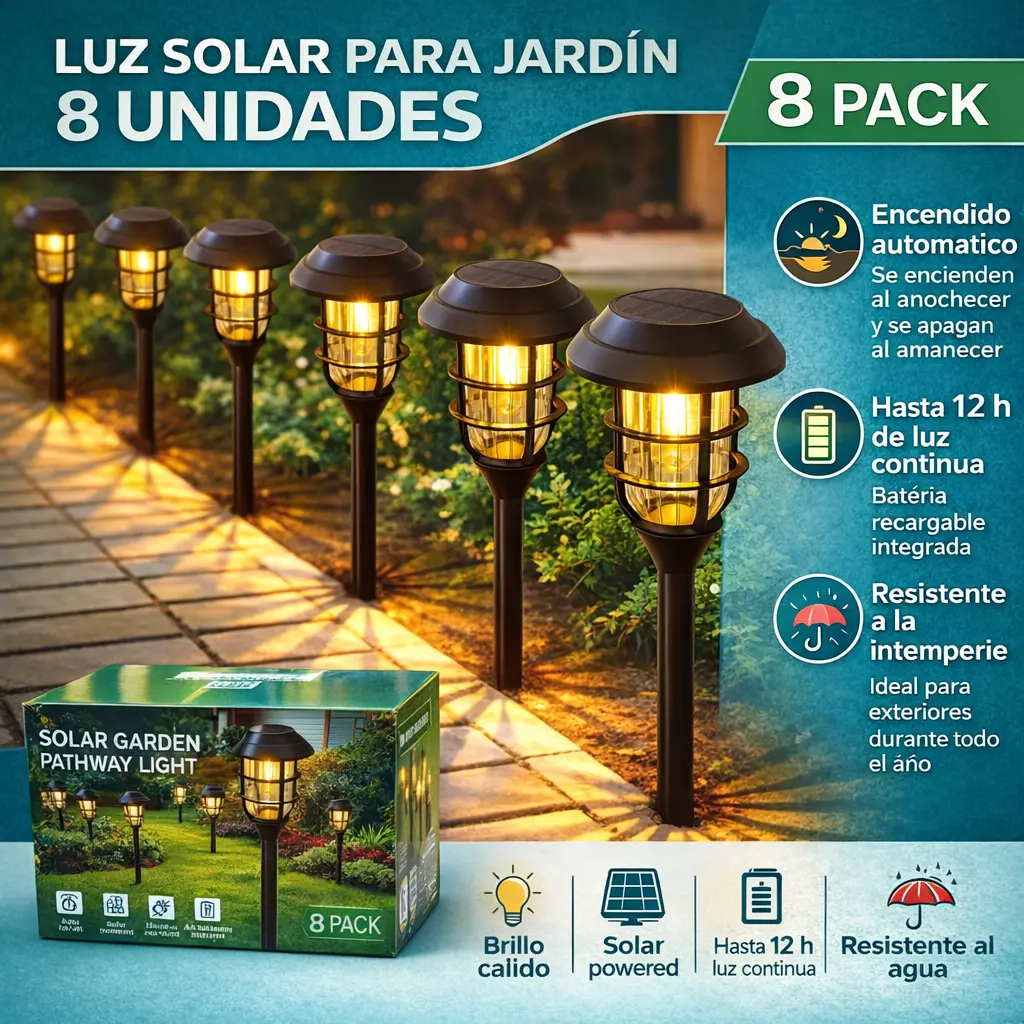 Lampara Solar Para Césped Tipo Estaca Led. (Pack De 8) Lampara Negra Con Panel Solar Integrado. Para Jardín. (Luz Cálida). Foco 1