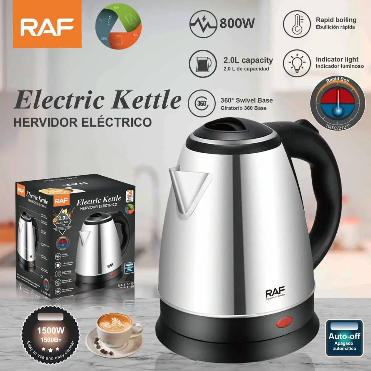 Hervidor Eléctrico 800W 2L Con Apagado Automático Y Base Giratoria 110V /60Hz. Tetera Eléctrica. 1
