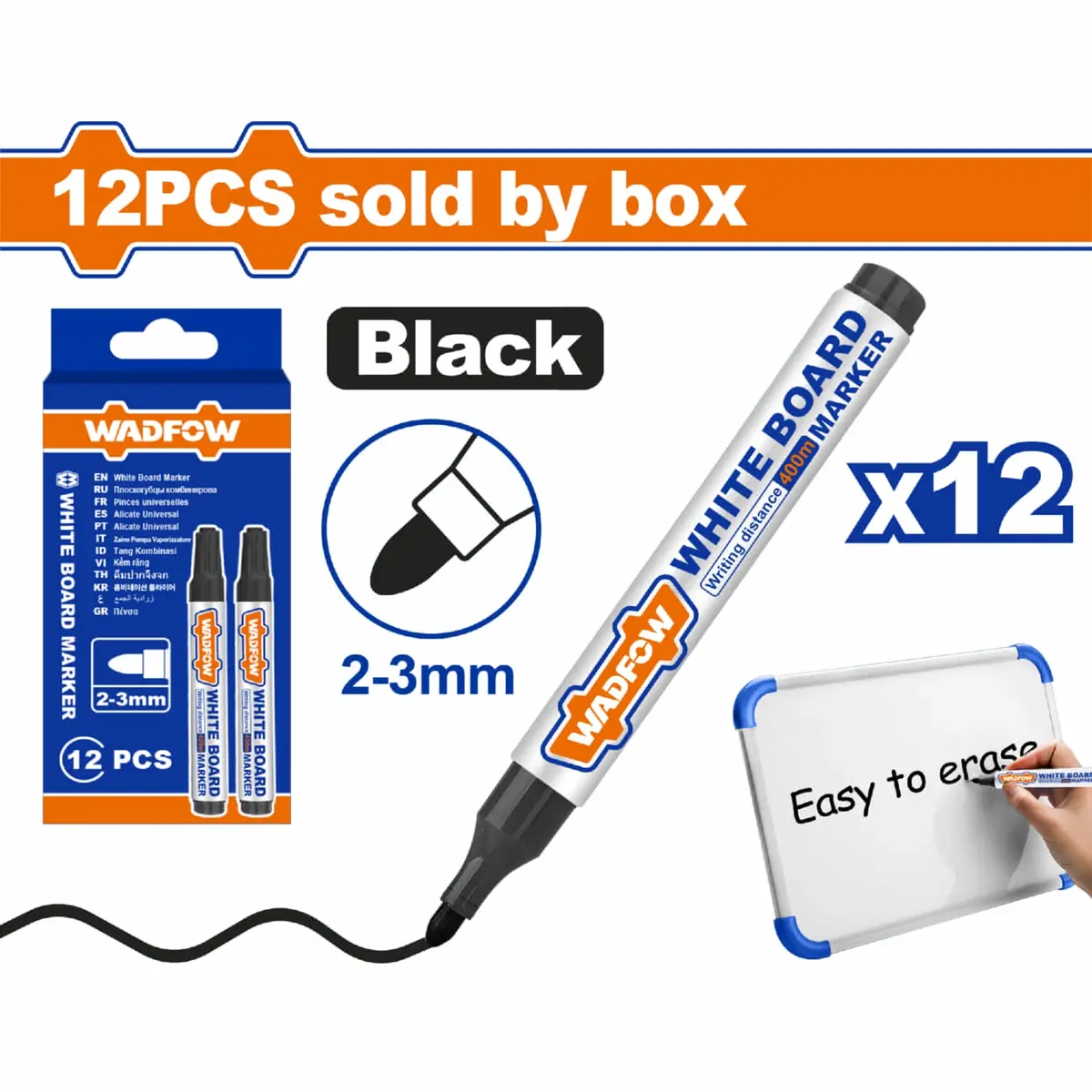 Marcadores Para Tablero Punta Biselada 2-3Mm Negro Set 12 Pzas. Borra Fácil. Rotulador Pizarra Piloto Plumon 1