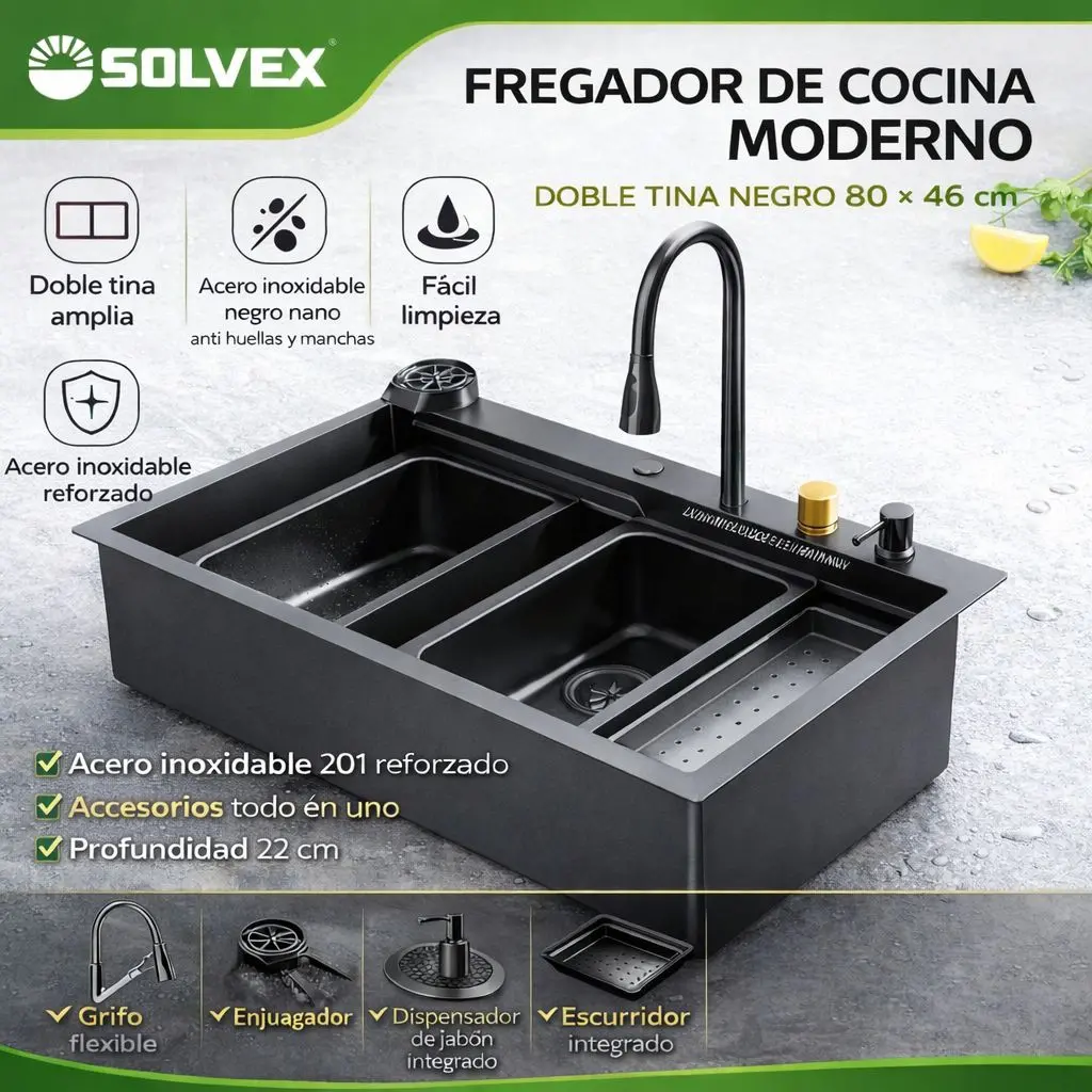 Fregador De Cocina Empotrable Con Doble Tina 80X46x22cm. Acero Inoxidable. Color Negro. Incluye Grifo, Escurridor Y Dispensador 1
